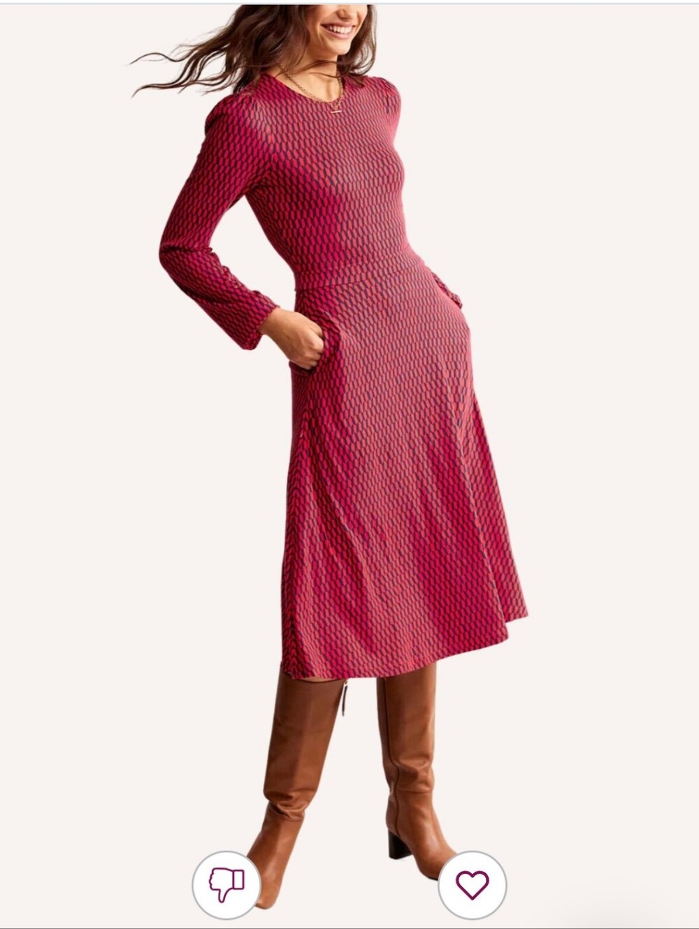 Boden Red and Navy Fit & Flare Long-Sleeve Midi Dress